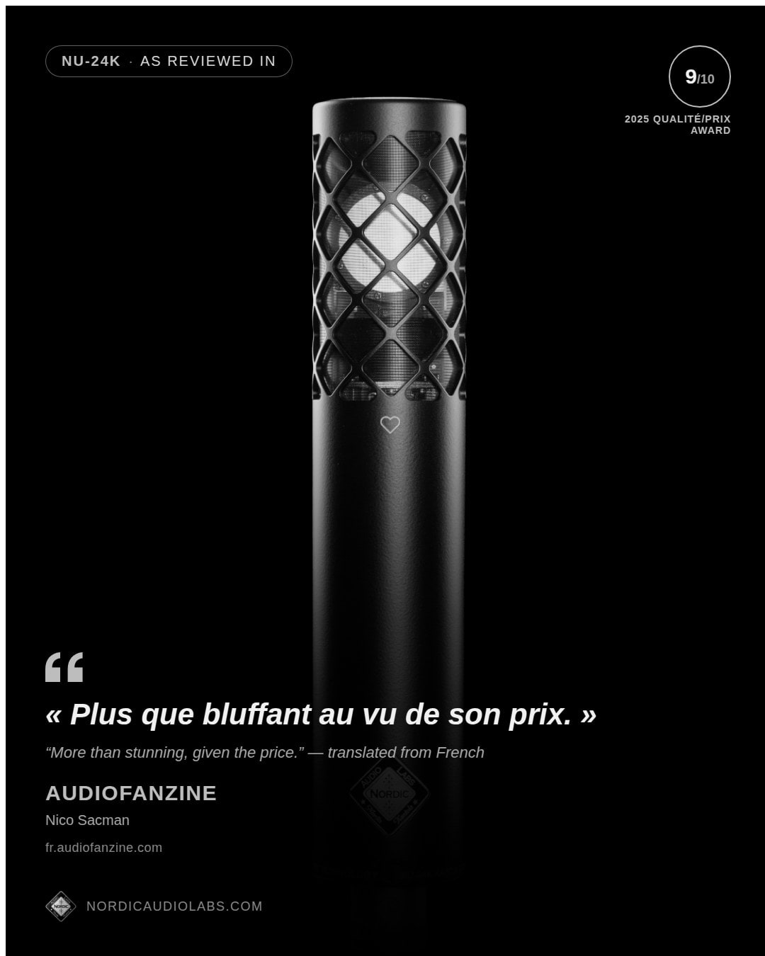 Audiofanzine press quote card for the NU-24K microphone, 9 out of 10