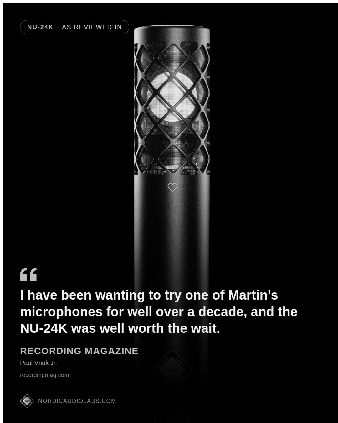 Recording Magazine press quote card for the NU-24K microphone